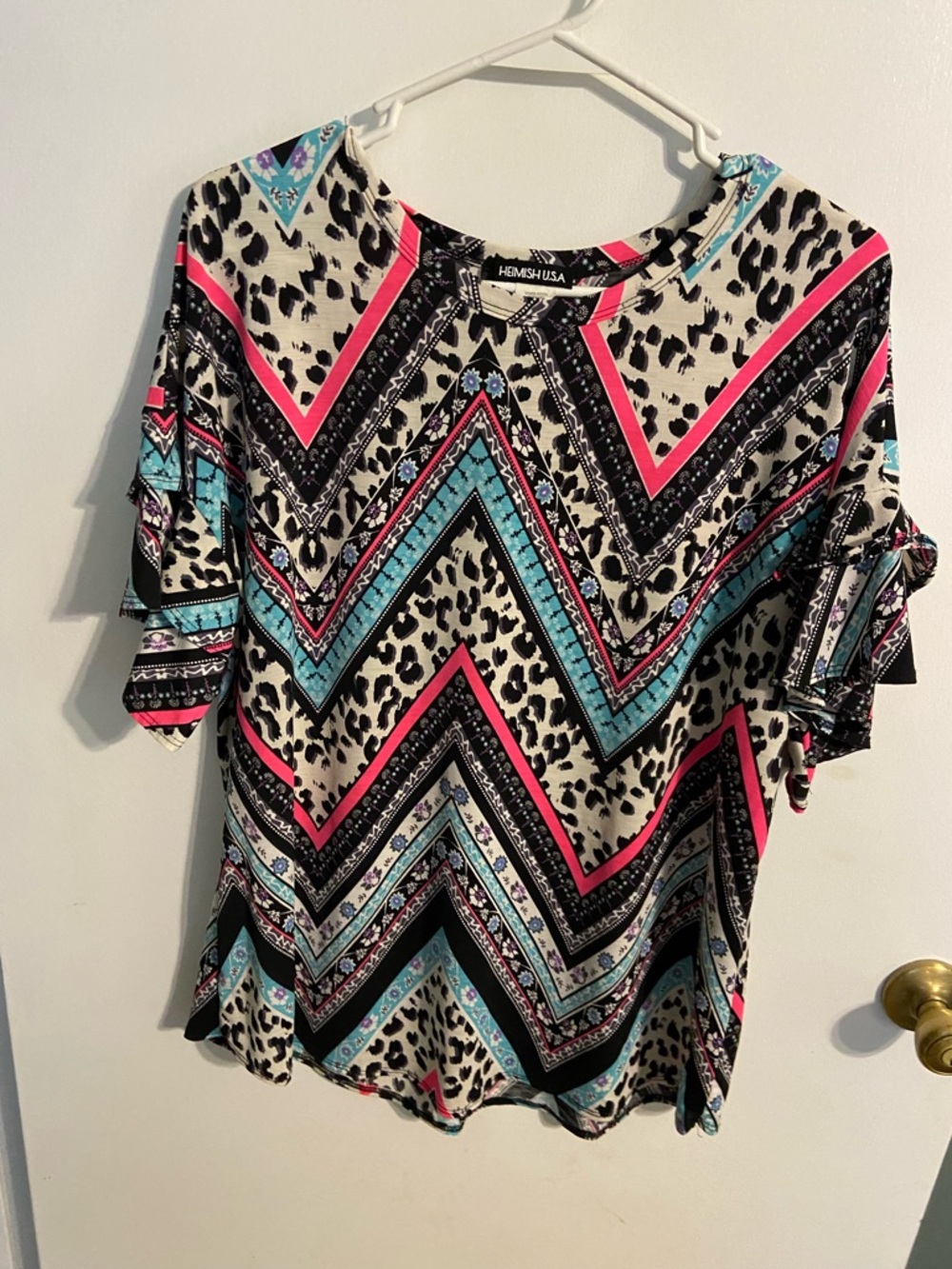 HEIMISH USA Pink, Teal & Black Chevron Animal Print Blouse